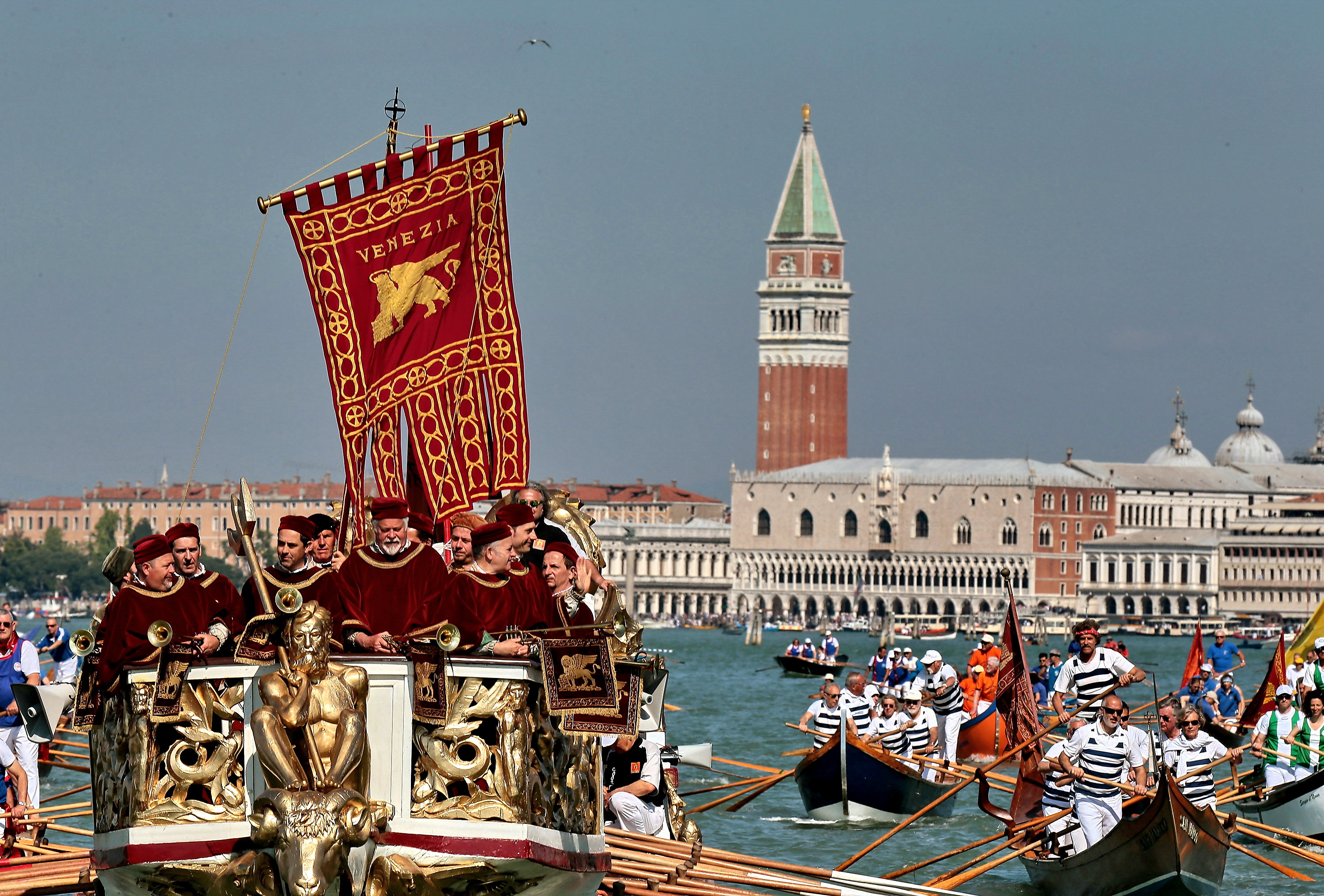 VENICE, ITALY - MAY 08: details of the Serenissima boat during the Sensa procession in Bacino Saint's Mark on May 08, 2016 in Venice, Italy. The festival of la Sensa is held in May on the Sunday after Ascension Day and follows a reenactment of the traditional ceremony where the Doge enacted the wedding of Venice to the sea.  (Photo by Awakening/Getty Images)