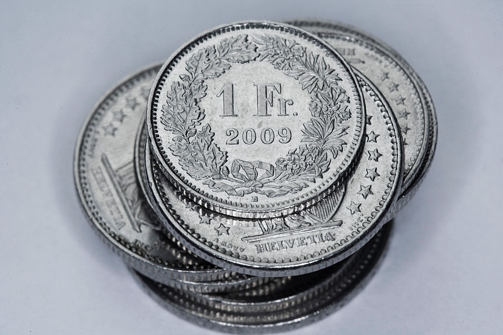 GERMANY, BONN - MAY 01: Turbulences around the Swiss franc. Our picture shows coins of the Swiss currency (Swiss franc). (Photo by Ulrich Baumgarrten via Getty Images)