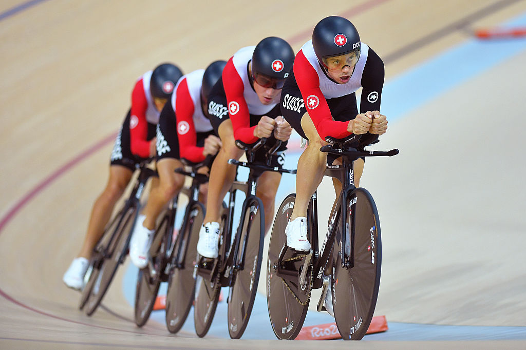 Cycling: 31st Rio 2016 Olympics / Track Cycling: Men's Team Pursuit Finals Team SWITZERLAND (SUI)/ Olivier BEER (SUI)/ Silvan DILLIER (SUI)/ Thery SCHIR (SUI)/ Cyrille THIERY (SUI)/ Rio Olympic Velodrome /  Summer Olympic Games /© Tim De Waele