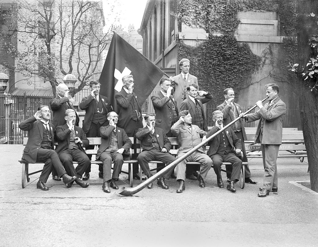 UNITED KINGDOM - JANUARY 19:  London will hear real Swiss yodelling for the first time this week when the Swiss Yodel Club makes its first appearance at the Queens Hall. The mountain yodel and recitals on the Alp-Horn will be given by prominent Swiss performers.  (Photo by Planet News Archive/SSPL/Getty Images)